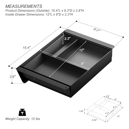 Image of Under Desk Drawer with Removable Tray, 15.4 inch Wide 2-in-1 Organizer - 60 Ergonomic Tilt, 4-Compartment Insert for Pens, Phones & Cables, Ball Bearing Slides, for Home Office & Student Desk