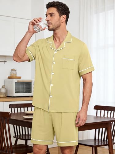 Image of Mens Pajamas Set Short Sleeve Sleepwear Button Down Loungewear Set Soft Modal 2Pcs Pj Set with Pockets S-3XL