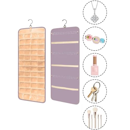 QIUPFGUT Hängende Schmuck Organizer, Frisiertisch Kleiderschrank Schmuckaufbewahrung, Schmuck Organizer Hängend, Hängende Ohrringe Aufbewahrungstaschen, Aufbewahrungsrolle mit Aufhänger(lila)