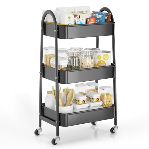 Image of EAGMAK 3 Tier Rolling Cart, Large Metal Storage Cart with Handle and Lockable Wheels, Big Multifunctional Storage Organizer Trolley with Mesh Baskets for Kitchen, Living Room, Office, Garage (Black)