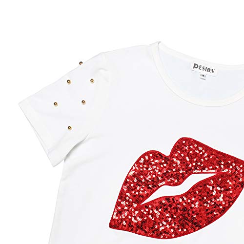 Image of PESION Womens Short Sleeve T-Shirt Sequined Tops O-Neck Funny Graphic Tees Blouse