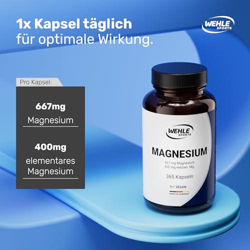 Magnesium 400mg Kapseln hochdosiert - 365 Stück (1 Jahr) 667mg je Kapsel, davon 400mg elementares Magnesium I Laborgeprüft Vegan - Wehle Sports – Bild 4