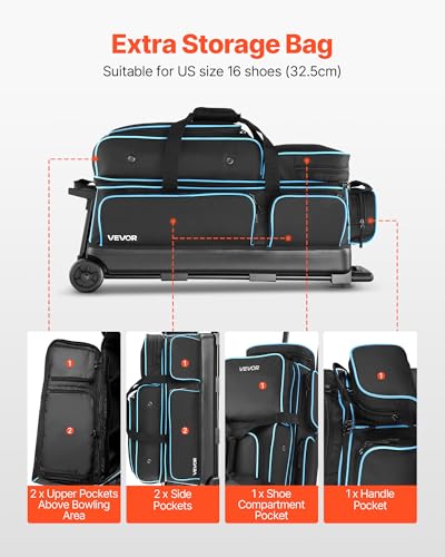 VEVOR Bowlingballtasche für 3 Bälle mit Doppelrollen & separatem Fach für Schuhe (bis US-Größe 16) & übergroßer Zubehörtasche, einziehbarer Griff lässt Sich auf 105 cm ausziehen Schwarz + Blau