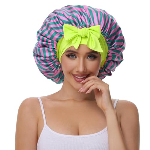 Vettres Satin Bonnet for Curly Hair Silk Sleeping Bonnets Double Layer Satin Bonnet with Tie Hair Cap for Sleep Red Green Stripes — view 2