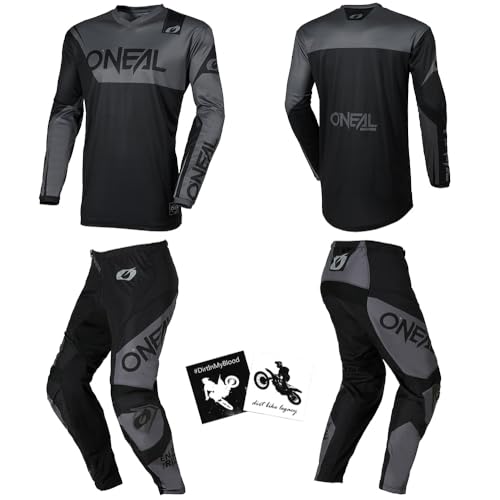 MX Outfit O'Neal Element Black Gray Kids/Youth (12/14 (26)/Large) Protective Pants Jersey motocross dirt bike off-road bundle combo set