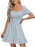 Rooscier Women's Square Neck Puff Short Sleeve Ruffle Elastic Waist Tie Back Mini Dress Dusty Blue X-Small