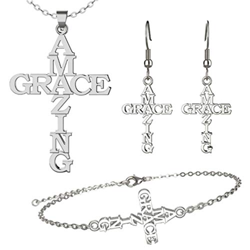 Amazing Grace Cross Pendant Necklace Earring Bracelet Easter Gift Stainless Steel Letter Earring Pendant Neck Decoration Gift with Pattern of Amazing Grace Bracelet Birthday Gift Grace Jewelry Set