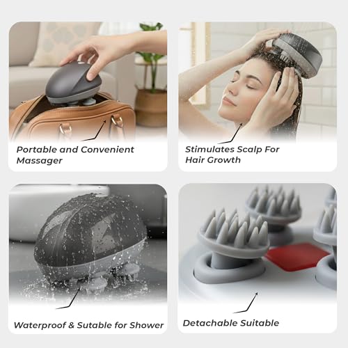 Image of Durafit91 RELAXA Rechargeable Scalp Massager | Oil Massager for Hair Growth | 96-Kneading Points Soft Medical-Grade Silicone Bristles | Detachable, Waterproof | Red Light Therapy for Stress Relief & Deep Relaxation (Grey)