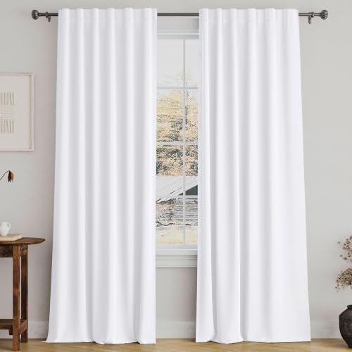 Turquoize White Curtains 90 Inch Long Room Darkening Curtains for Living Room Thermal Insulated Back Tab Rod Pocket Window Treatment Panels Drapes for Bedroom, 52" W x 90" L, Pure White