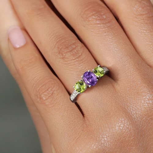 Gem Stone King 925 Sterling Silver Purple Amethyst and Green Peridot 3-Stone Engagement Ring For Women (2.01 Cttw, Oval Gemstone Birthstone, Available in size 5, 6, 7, 8, 9)4