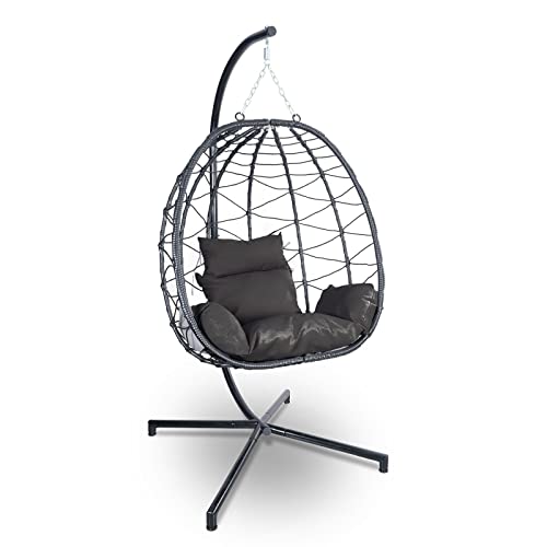 ELYFLAIR® Sillón colgante con estructura ideal para balcón, terraza y jardín. Cesta colgante de ratán. Incluye cojín de asiento y cojín cervical. Relajación y alivio del estrés (antracita) Cover