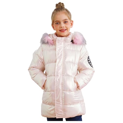 FEESHOW Kids Girls Thermal Jacket Coat Metallic Long Sleeve Hooded Stand Collar Detachable Fur Warmth Overcoat Outwear