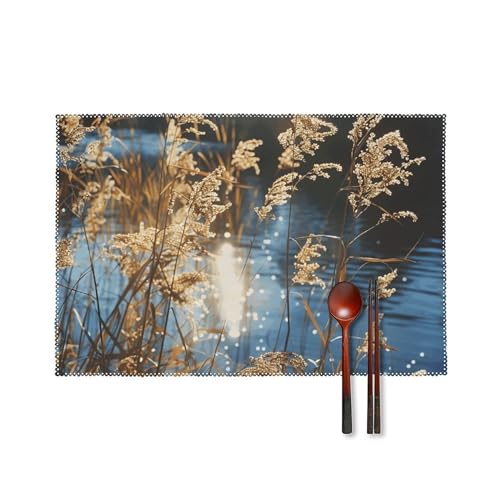 Placemats Set of 6 Cloth Placemats Non Slip Heat Resistant Table Mats Reeds on The Water Washable Place Mats for Dinner Table Easy to Clean