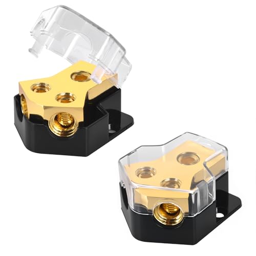 ALLWIN 12V Power Distribution Block 2 Way, 0/2/4 Gauge Input to 4/8/10 Gauge Output, Car Audio Amp Splitter with Protective Cover - 2PCS