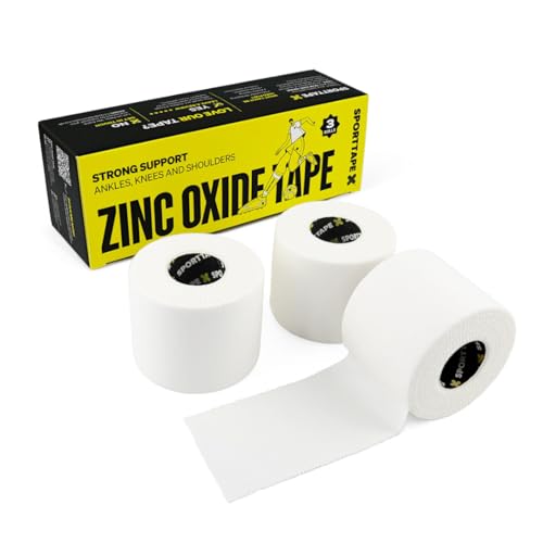 SPORTTAPE Zinc Oxide Tape - 3 Rolls - 5cm x 10m | White Sports Strapping for Shoulder, Knee & Ankle Stability, Blister Prevention for Foot | Rugby & Football Athletic Tape for Sports Injury