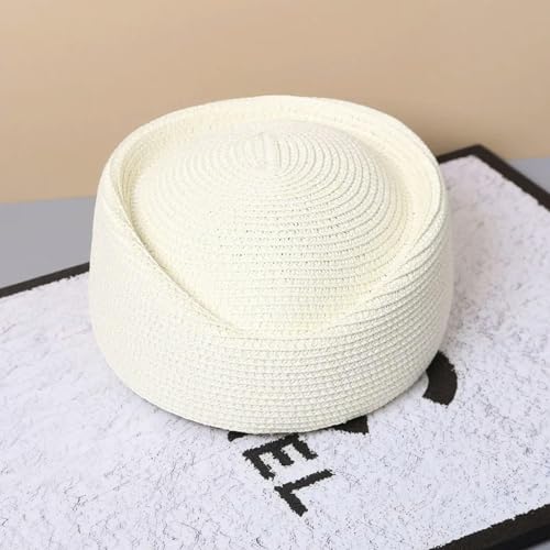 Gyios Fischerhut Hut Kappe Straw Beret Hat Women Retro Pillbox Party Wedding Teardrop Bridal Summer Stewardess Fashion Lightweight-white-55-58cm