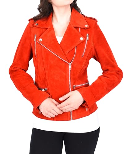 Veste de motard en daim rouge pour femme ajustée Selena