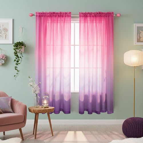 Mrs.Naturall Pink and Purple Curtains for Girls Bedroom Decor, Set 1 Single Pastel Sheer Ombre Colorful Rainbow Curtain 63 Inch Length for Kids Room Bunk Bed, Teen Princess Lilac Lavender Decoration