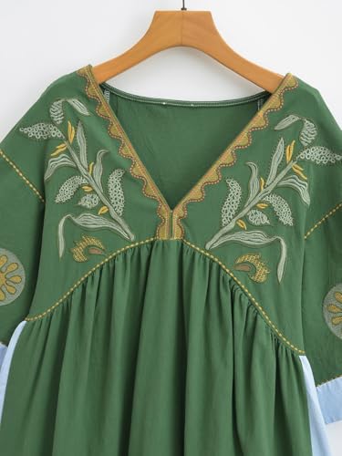 Image of Joiemont Womens Oversized Floral Embroidered Long Dress with V-Neck and 3 /4 Sleeves Vintage Embroidery Babydoll Dress