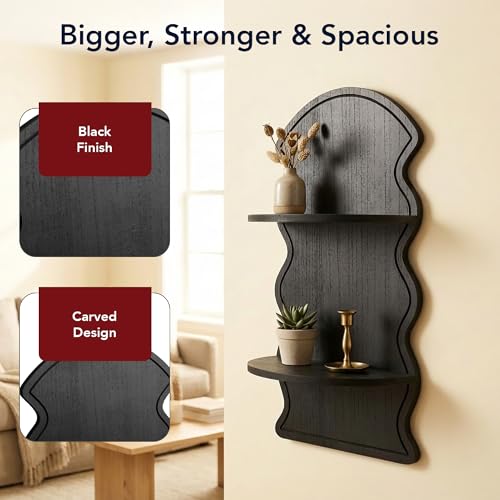 Image of American Art Decor Black Wavy Arched Lunar Ledges Wall Shelf, Wooden 2-Tier Floating Bookshelf for Wall, Carved Fluted Arch Display Shelf for Bedroom Bathroom Kitchen Living Room Decor, 14 inch x 24 inch