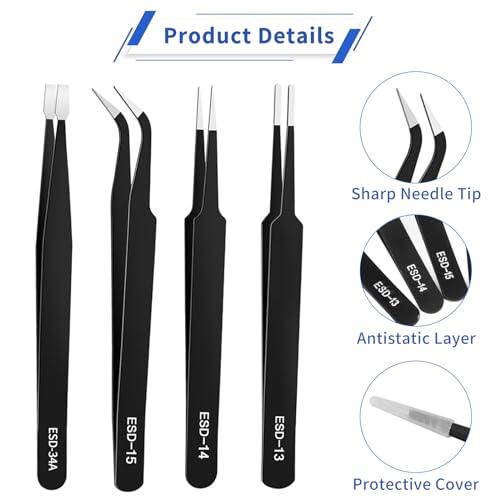 Präzisions Pinzetten Set, 4 Stück Antistatisch Edelstahl Pinzette, Modellbau Edelstahl Pinzette, Nicht-Magnetischen Pinzette, Modellbau Edelstahl Pinzette für Industrie, Elektronische, Handwerk