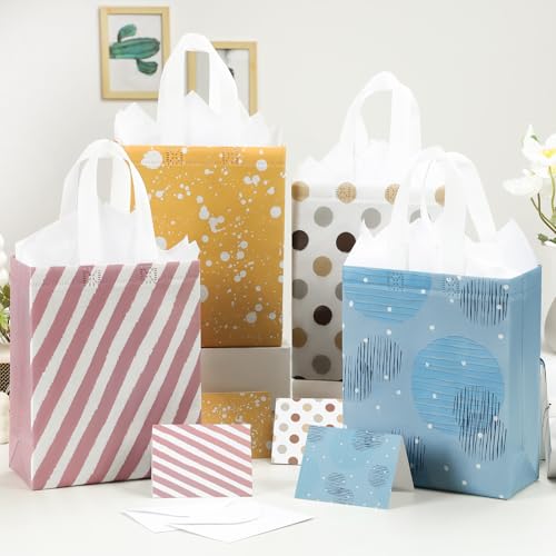 Image of STYPOP 10 inch Gift Bags Medium Size (4 Pack) - Includes Tissue Paper & Cards, Reusable Non-Woven Gift Bags with handles, Perfect for Mothers Day, Birthday, Wedding, Baby Shower, Party, 10 inch x 8 inch x 4 inch