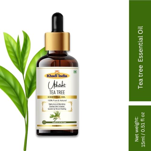 Image of Khadi Tea Tree Essential Oil 15 ml | Pure & Natural | For Acne, Breakouts & Scars | Face & Body Massage Oil | Dandruff & Scalp Health | All Skin & Hair Types | Aromatherapy for Men & Women