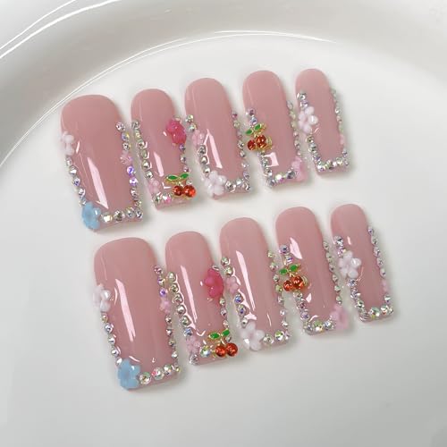 Handmade Press on Nails Long Square Fake Nails with 3D Cherry Rhinestones and Flower Designs False Nail Pink Sparkly Acrylic Nail French Tip Women 10pcs (Size M)