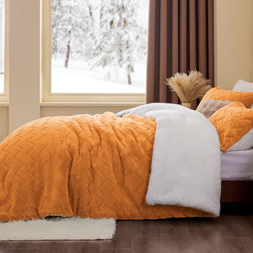 Image of BEDELITE Fluffy Sherpa Queen Comforter Set,Burnt Orange | Super Soft & Warm Fleece Bedding, Luxury Fuzzy Comforter for Winter, Heavy Plush Bedding Set,2 Pillowcases
