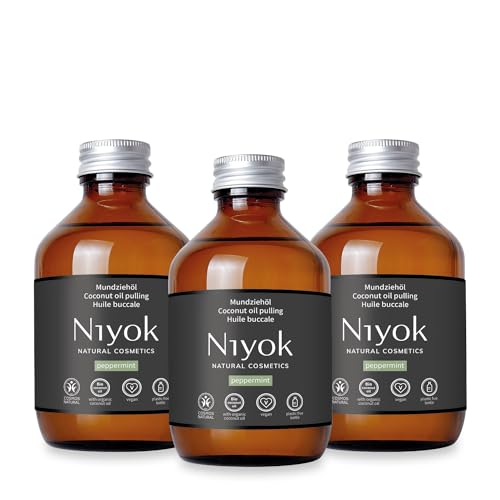 Niyok® Mundziehöl aus Bio Kokosöl "Pfefferminze" (3x200ml) • Mundspülung mit ätherischen Ölen • Bio Kokos Ölziehkur gegen Karies, Zahnstein & Mundgeruch • Veganes Zahnöl für Ölziehen