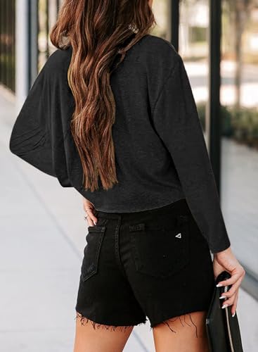 Tankaneo Women Long Sleeve Crop Tops Loose Crew Neck Cropped T-Shirts Drop Shoulder Casual Basic Tees L-Blue3