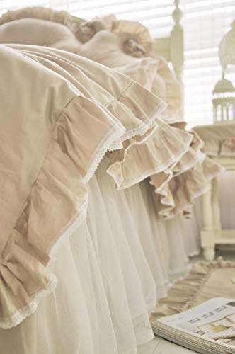Lelva Chic Wrinkle Girls Bedding Solid Color Shabby Ruffle Duvet Cover Set Full Cotton 4 Piece Romantic Lace Design Bed Skirt Khaki #TOP5