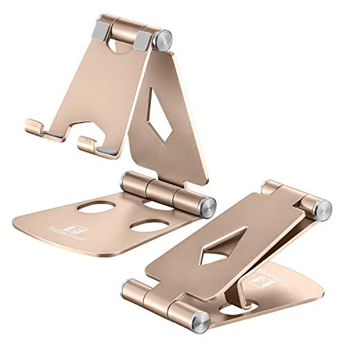 Adjustable Cell Phone Stand - ToBeoneer Phone Holder for Desk, Portable Small Size Desktop Dock Compatible with iPhone XR XS X 11 9 8 7 6 Plus Samsung Google Huawei, Office Home Bedroom Décor (Gold)