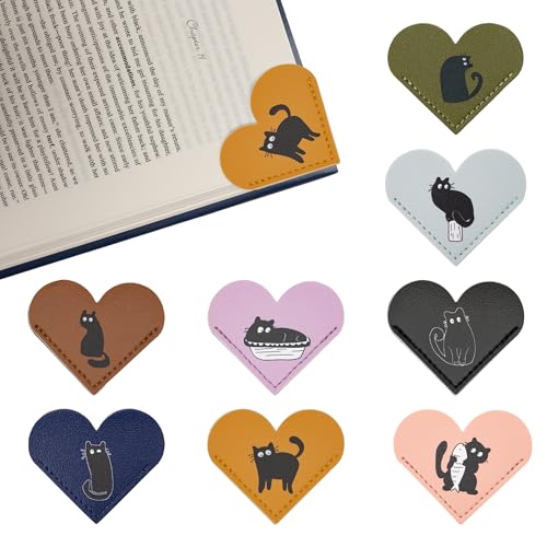Yuoyar 8 Packs Leather Heart Book Marks for Reading Women - Cute Bookmarks for Book Lovers - Unique Gifts for Women (Cat)