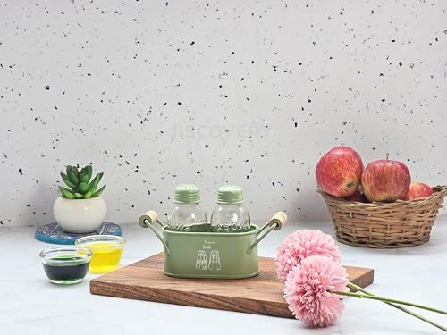 Image of JISCOVERY Salt and Pepper Dispenser Set for Dinning Table with Stand| Glass Bottom Spice Shaker Set with Metal Holder| Spice Sprinklers| 100 ML Each (Green)