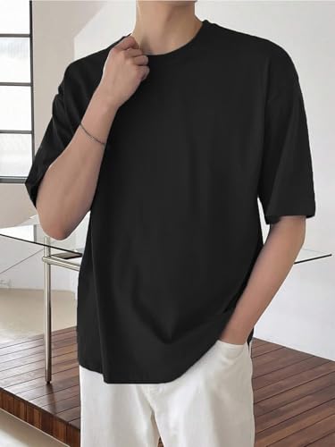 Image of LEOTUDE Half Sleeve Oversized Tshirt for Men, Round Neck Cottonblend Drop Shoulder Solid T-Shirt