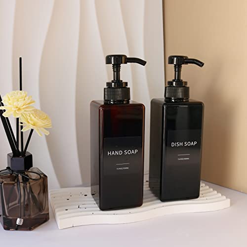 Image of Amber Soap Dispenser with Waterproof Labels, 16 oz Dish Soap Dispenser for Kitchen, Thickened Plastic Hand Soap Dispenser for Bathroom, Shampoo and Conditioner Pump Bottles with Silicon Funnel, 2 Pack