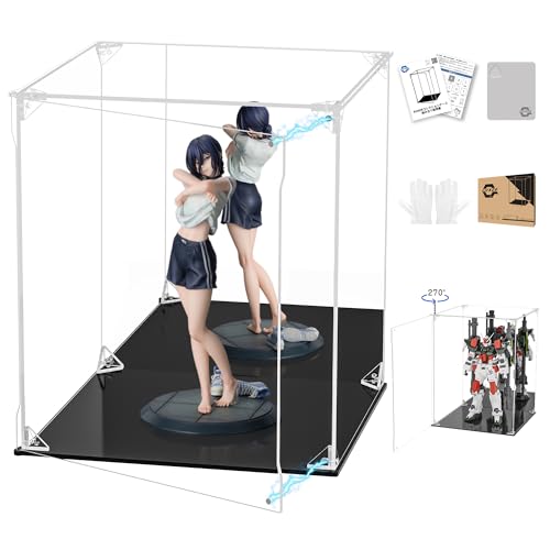 KUKER フィギュアケース アクリルケース UVカット 背面ミラー マグネット付き 前扉 コレクションケース ディスプレイケース ショーケース 組み立て式 汚れ防止 手袋 クリーニングクロス付き (幅25×奥行25×高さ30cm,台座黒＋背面ミラー)