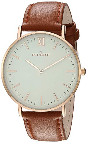 Peugeo Super Slim 14K Gold Plated Round Dress Wrist Watch with Adjustable Sheffield Leather Band