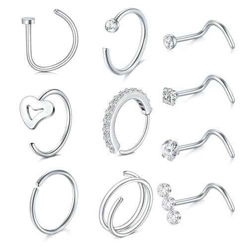MODRSA Nose Rings Hoops Nose Ring Surgical Steel Nose Piercings Jewelry Silver Nose Rings Studs 20g Nose Hoops Corkscrew Nose Ring 20 Gauge Screw Nose Studs Nostril Piercing Jewelry for Women
