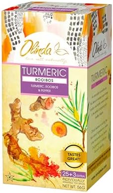 Olinda Turmeric Rooibos and Pepper Herbal Tea Caffeine Free Tea 28 Tea Bags Hot or Cold Brew