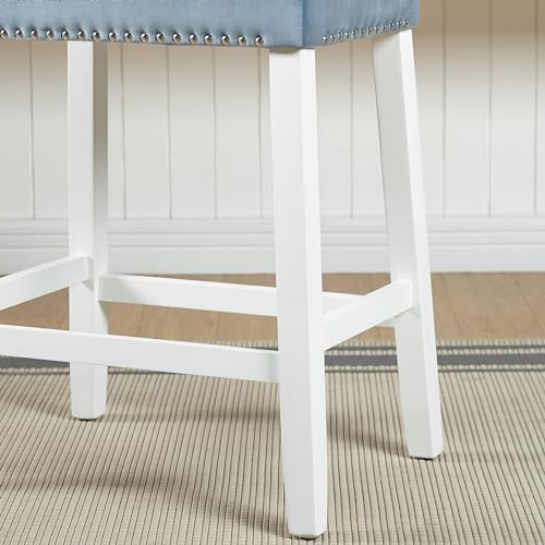 Roundhill Furniture Morovo Set of 2 Velvet Counter Height Stools with Tufted Saddle Seats, White-Wash Finish, Blue by Roundhill Furniture - Image 4