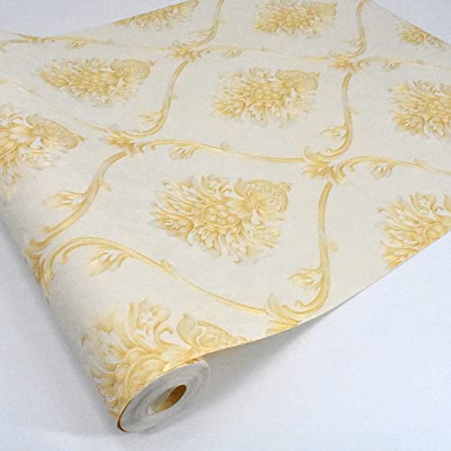 Q Qihang European Simple Style 3D Damask Pattern Pvc Wallpaper Waterproof Bedroom Living Room Tv Background Wall Clothing Store Beauty Salon 20.87" Wx393.7 L Non-Pasted (Beige) #TOP5