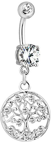 Forbidden Body Jewelry Cubic Zirconia Crystal Surgical Steel Tree of Life Dangle Belly Button Ring