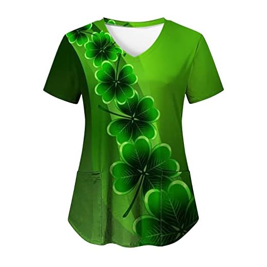 St Patricks Day Scrub Tops for Women Irish Print Medical Scrub Tops with Pocket Summer Short Sleeve V Neck Holiday Tee Warehouse Amazon Warehouse Deals
