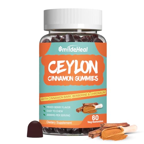 SmildeHeal Sugar Free Ceylon Cinnamon Gummies 2000MG Cinnamon Supplement with Chromium and Cinnamon Bark Vegan Non-GMO Gluten Free 60 Gummies