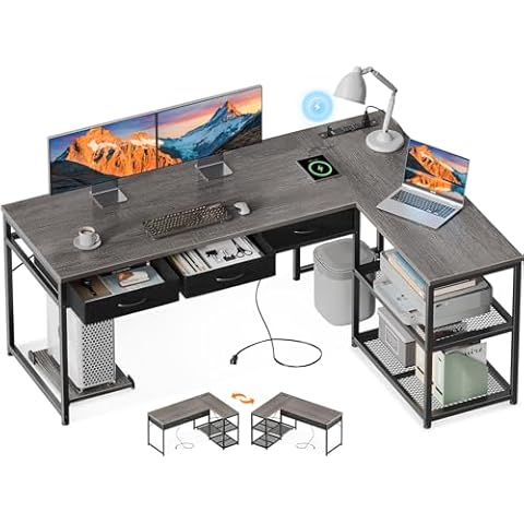 AODK 61 Inch L Shaped Computer Desk with Drawers, Corner Desk with Power Outlets & Reversible Storage Shelves, Movable CPU Stand for Home Office Gaming, Oak Grey Cover