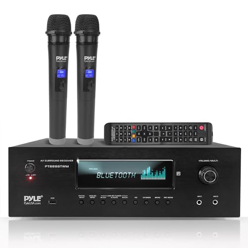Pyle Wireless BT Streaming Home Theater Receiver - 5.2-Ch Surround Sound Stereo Amplifier System w/ 4K Ultra HD Support, MP3/USB/AM/FM Radio (1000 Watt MAX), w/ 2CH UHF Wireless Microphone by Pyle - Used condition - CA$253.52
