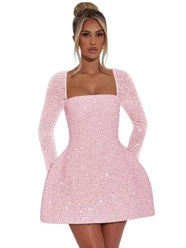 Sparkly Sequin Homecoming Dress for Teens Square Neck Short Corset Long Sleeve Mini Prom Dresses