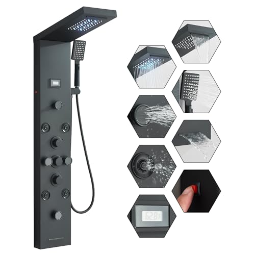FUZ Shower Panel Tower System, Stainless Steel 6 IN 1 Shower Panel System with LED Fancy Rain Shower Head and Handheld, Adujstable Rainfall Massage Body Jets and Tub Spout, Matte Black Shower Tower